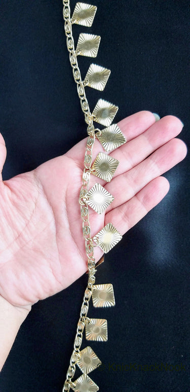 Gold Chain Metal Trim, Metallic Chain with Gold Shimmer Square Charms, Beaded Bohemian trim